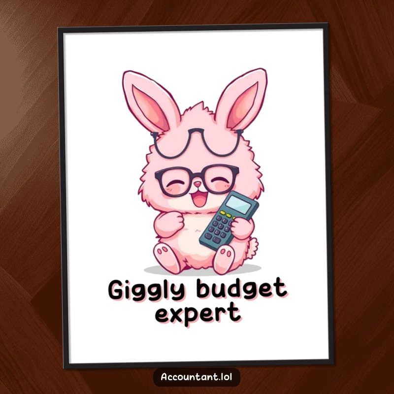 Funny pink fluffy bunny wearing glasses, giggling happily with calculator, displayed as whimsical wall art.
