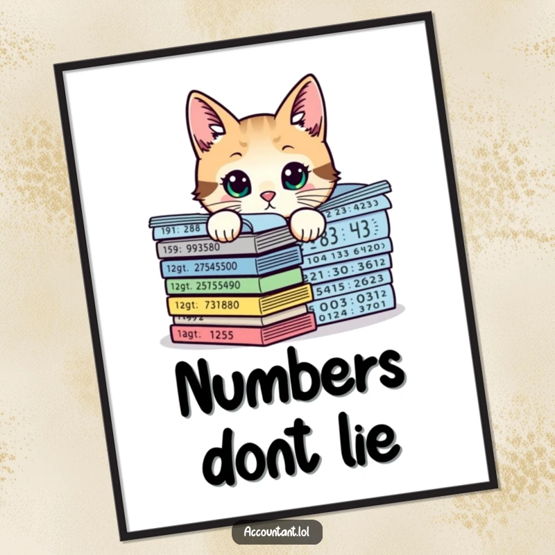Funny curious cat peeking over a large stack of expanding numerical charts, a humorous and intriguing poster for wall art.