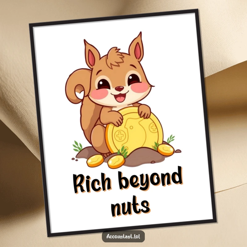 Funny delighted squirrel joyfully burying a large golden coin, a humorous poster for cheerful decor.