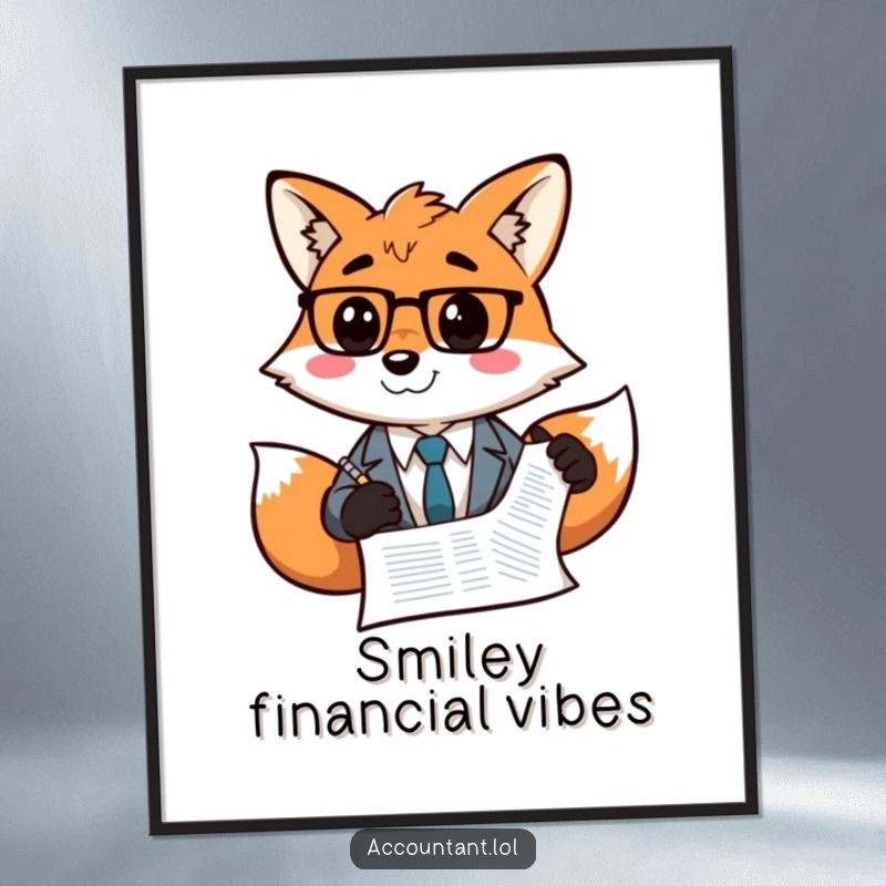 Funny Fox Accountant Poster: A grinning fox accountant confidently draws a smiley face on a balance sheet, adding cheer.