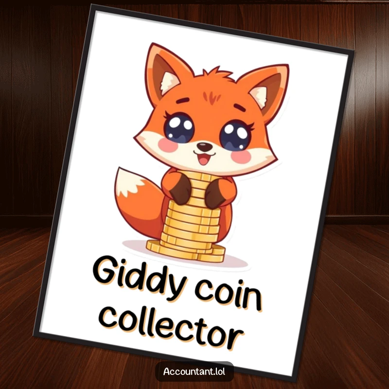 Funny giddy red fox stacking oversized coin stacks with wide, excited eyes, displayed as motivational art.