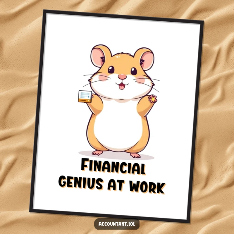 Funny hamster poster of a proud hamster holding a sparkling, balanced ledger, symbolizing financial order and humor.