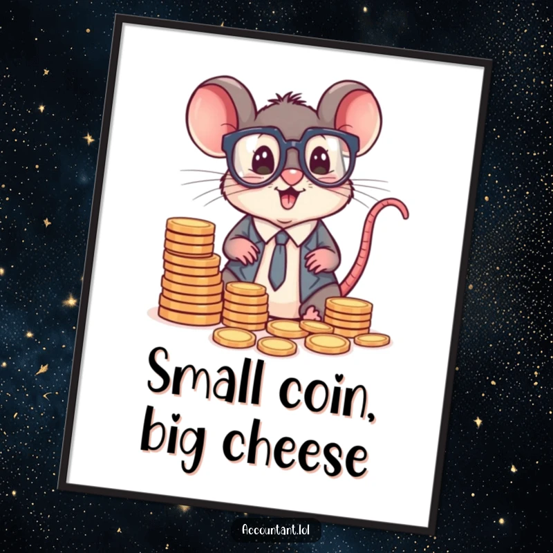 Funny small mouse wearing spectacles, excitedly sorting stacks of tiny coins, bringing a humorous touch to art.