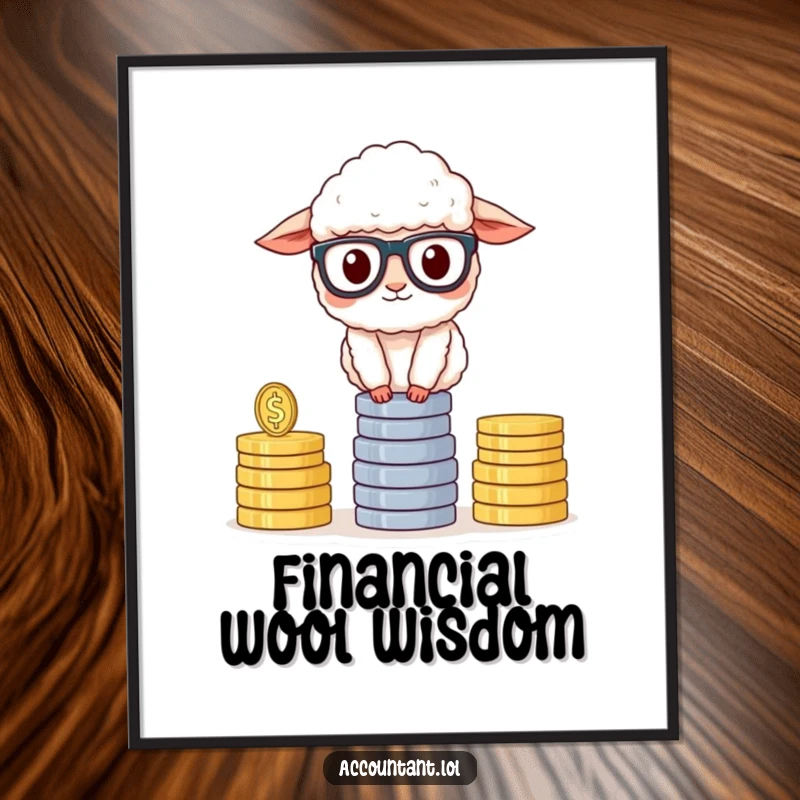 Funny Sheep Accountant Poster, a fluffy sheep in glasses, balancing coins, smart and humorous wall art, perfect office decor.