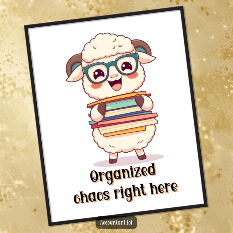 Funny sheep wearing glasses excitedly balancing a massive pile of colorful papers, as a humorous poster for wall art.