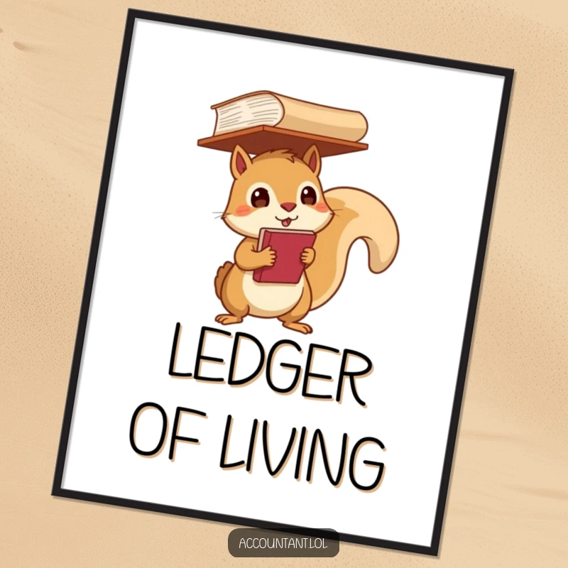 Funny Poster showing a determined squirrel balancing a large ledger on its head, ideal for motivational humor.