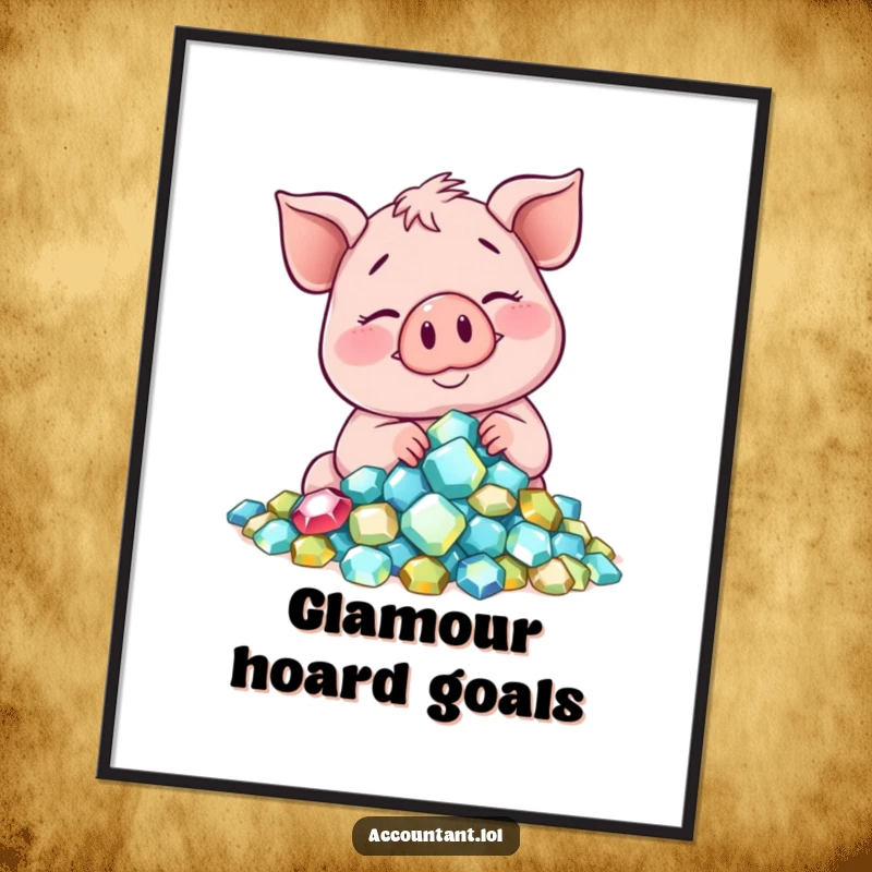 Funny smiling pig counting a pile of sparkling gems with a contented sigh, a humorous poster for glamorous decor.