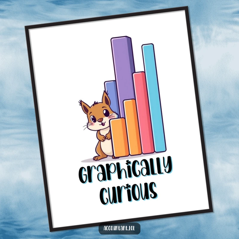 Funny squirrel peeking in amazement behind a colossal bar graph on a high-quality poster, adding humor to any space.