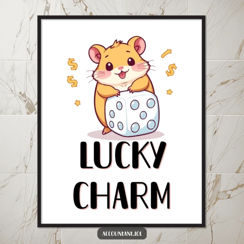 Funny poster of a round hamster intensely rolling a massive dice featuring dollar signs, capturing a moment of humorous financial ambition.