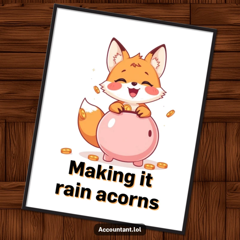 Funny Poster featuring a cheerful fox cub joyfully putting coins into a piggy bank, ideal for financial humor.