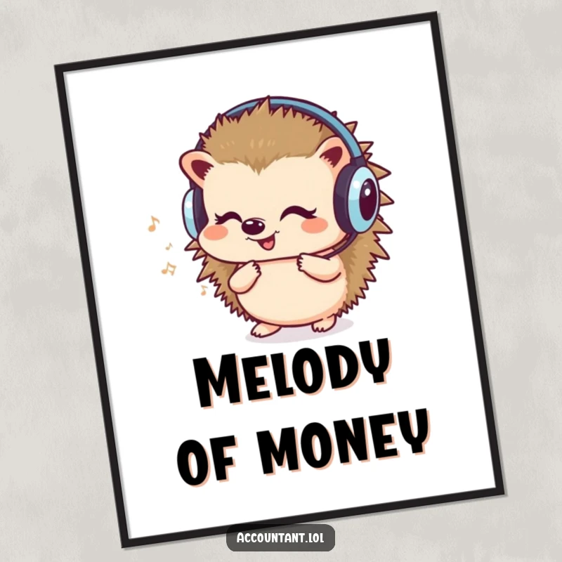 Funny poster of a cute hedgehog wearing headphones, humming and counting, representing a harmonious blend of music and numbers.