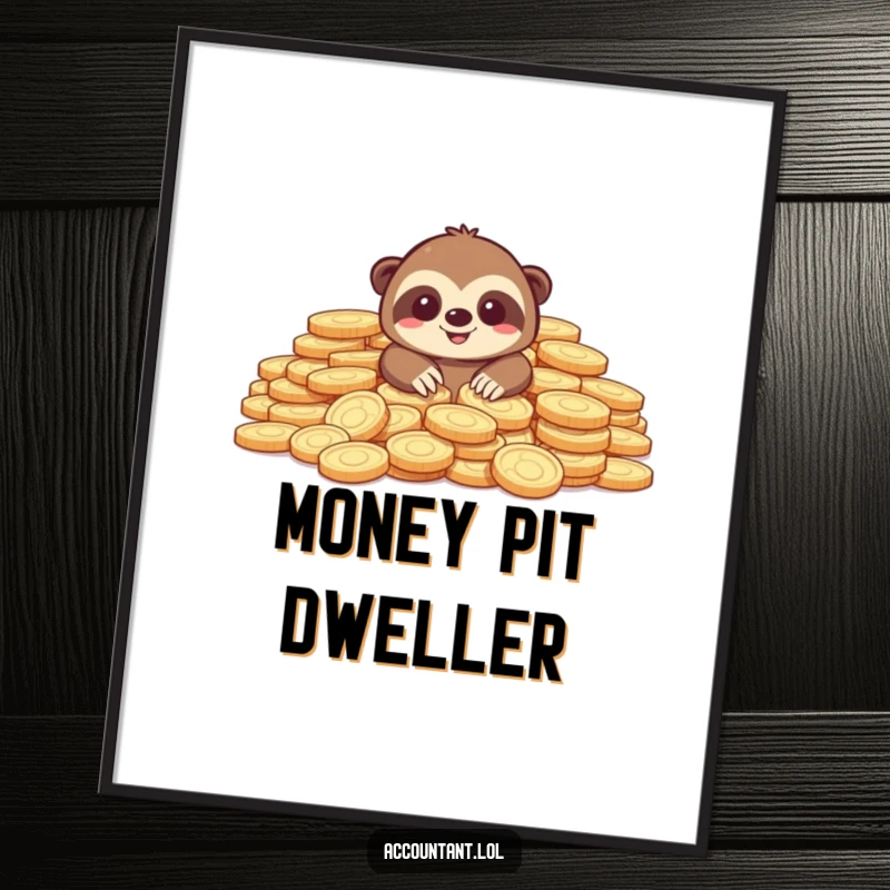 Funny poster showcasing a happy sloth peeking over a giant pile of coins, ideal for humorous home or office decor.