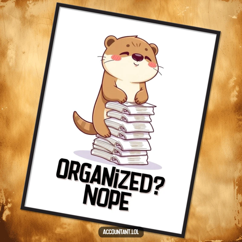 Funny otter poster, a playful otter balancing teetering receipts with a wink, humorous wall art for any room.