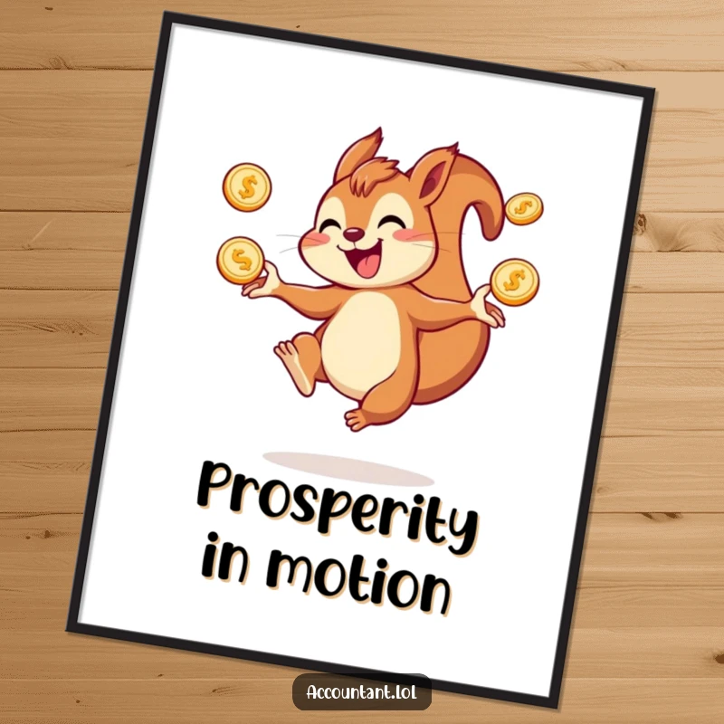 Funny squirrel poster of a joyful squirrel gleefully juggling multiple coins, symbolizing happiness and prosperity.