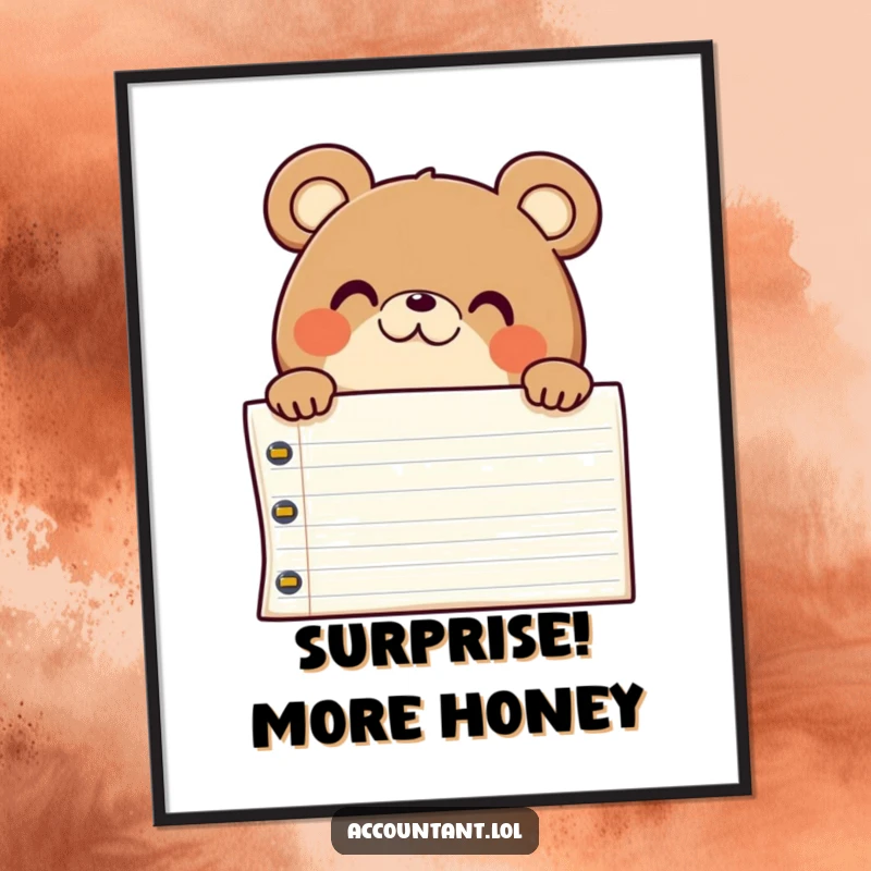 Funny chubby bear character peeking over a giant ledger, exuding surprise and delight, lovely art.