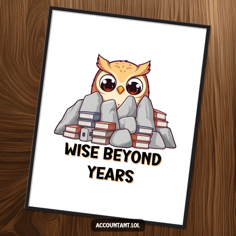 Funny curious owl peeking from behind ledgers with wide eyes, depicted as humorous wall art.