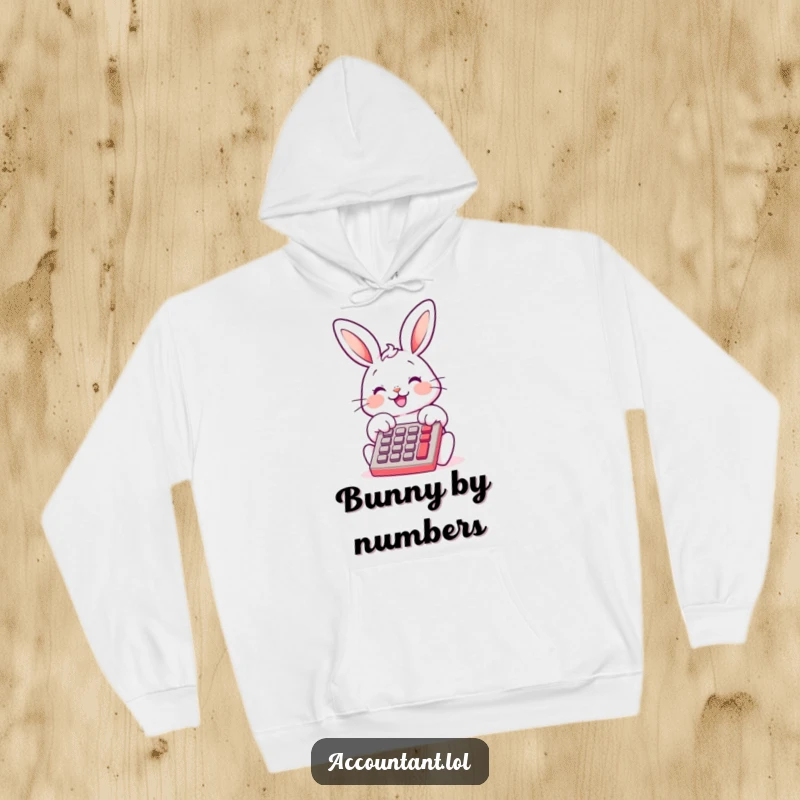 Funny Bunny Bookkeeper Hoodie, a smiling bunny, tapping calculator keys, cozy and humorous, perfect for chilly days and gifts.
