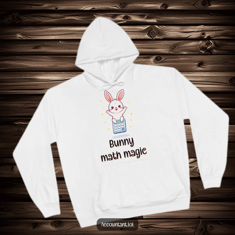 Funny hoodie illustration of a jubilant bunny energetically bouncing on a calculator, surrounded by sparkling starbursts, for ultimate cozy fun.