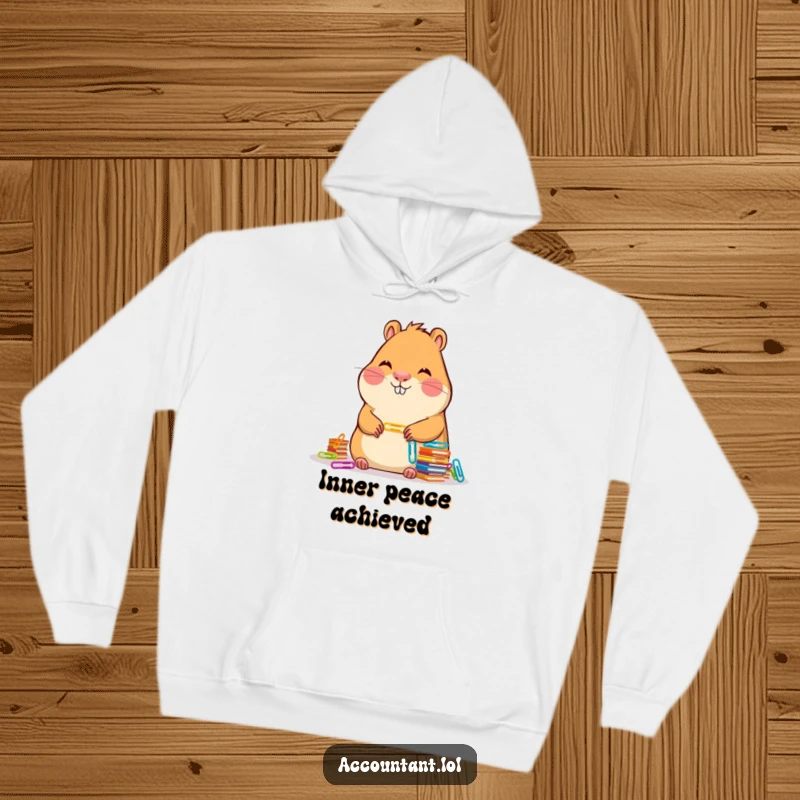 Funny Capybara Accountant Hoodie: A serene capybara smiles while neatly stacking colorful paper clips, looking extra cozy.