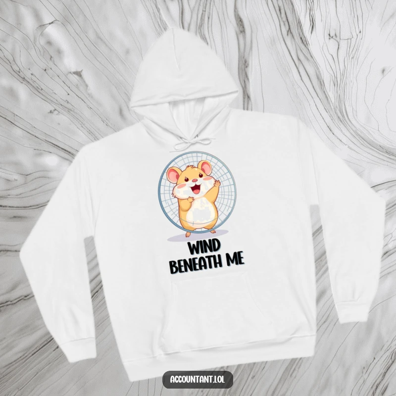 Funny happy hamster joyfully spinning a large office fan with its entire body, printed on a cozy hoodie.