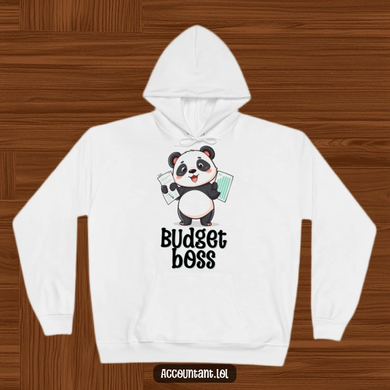 Funny determined panda proudly holding up a perfectly balanced budget spread on a soft hoodie.