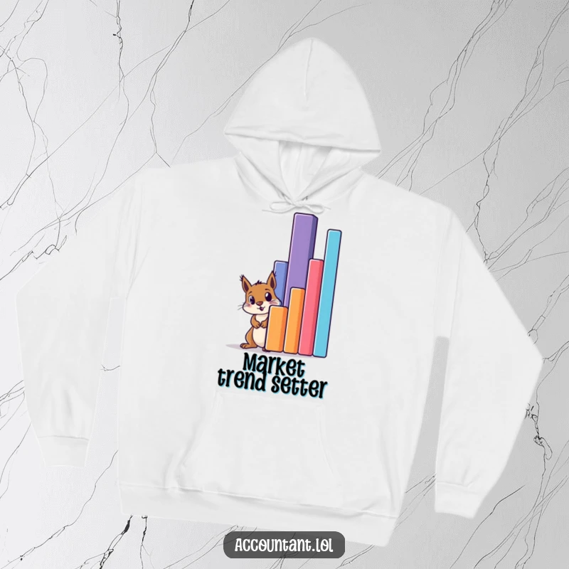 Funny squirrel peeking in amazement behind a colossal bar graph on a soft hoodie, ideal for cold weather fun.