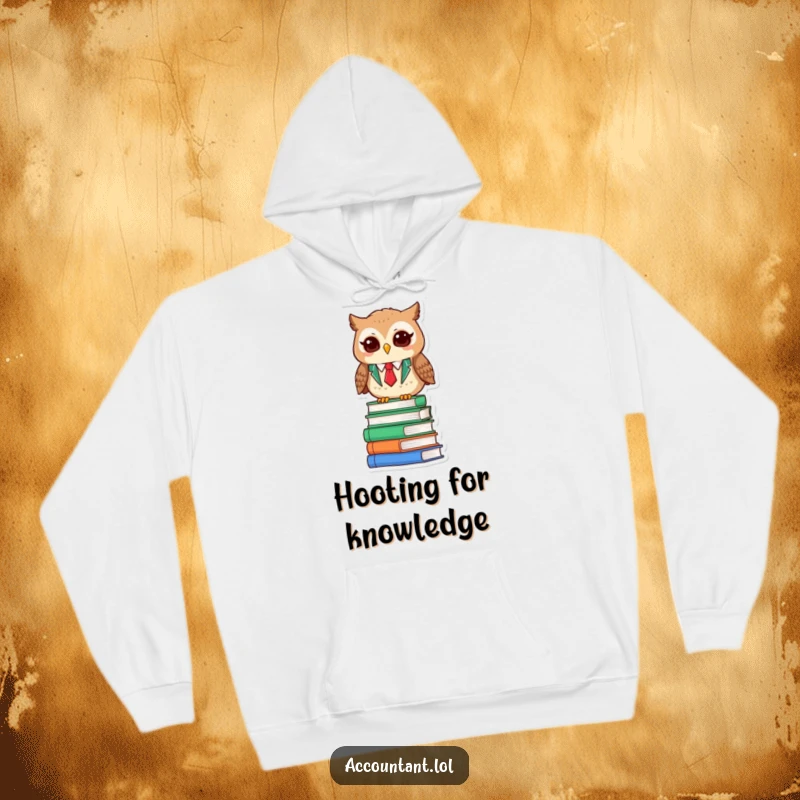 Funny Owl Accountant Hoodie: A content owl accountant blinks with satisfaction from its perch on a pile of books.