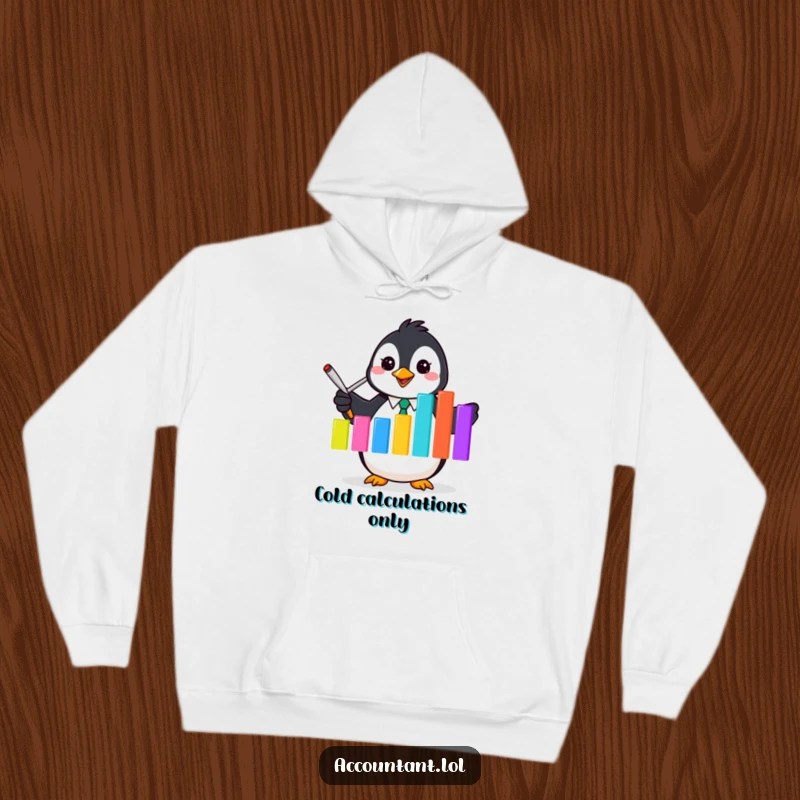 Funny Penguin Accountant Hoodie: A happy penguin accountant enthusiastically gestures with a flipper towards a detailed, colorful bar graph.