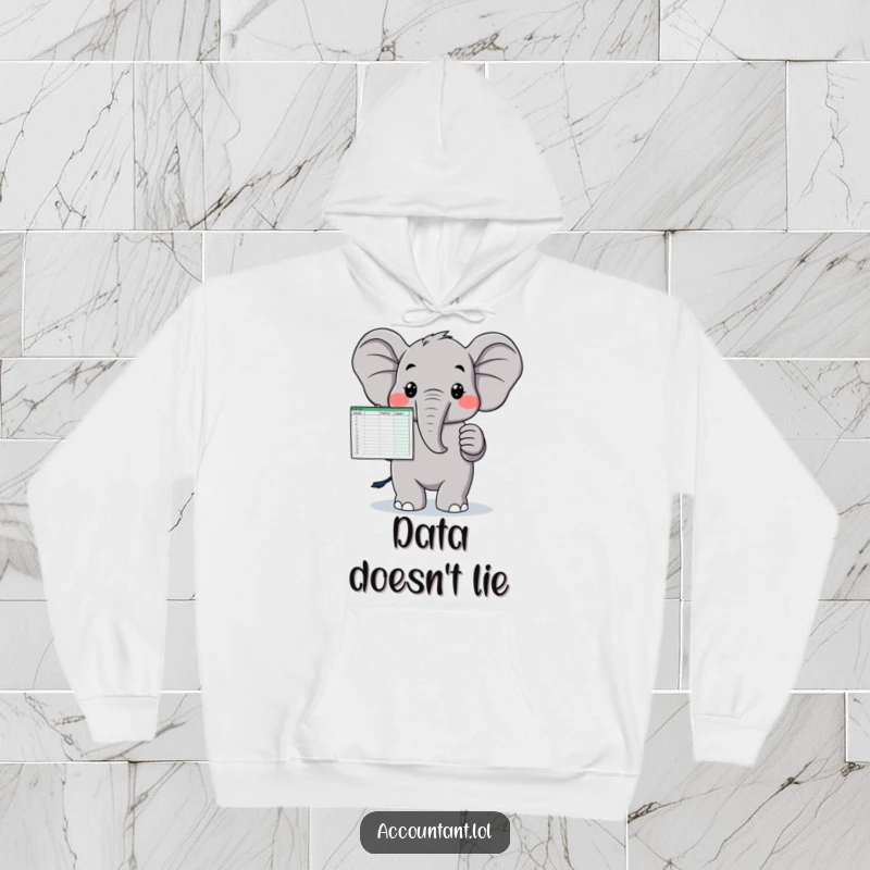 Funny hoodie depicting a proud elephant displaying a balanced spreadsheet, offering a humorous take on professionalism and warmth.