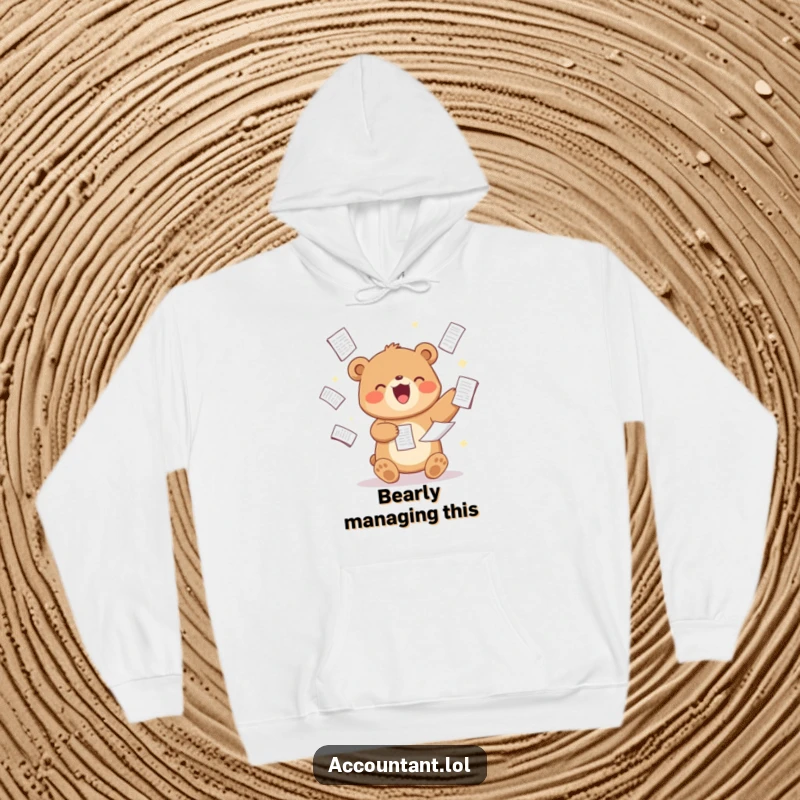 Funny Bear Analyst Hoodie, a delighted bear, juggling spreadsheets, cozy and humorous, perfect for work or leisure.