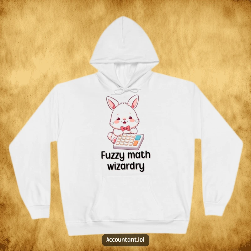 Funny bunny accountant hoodie, a fluffy bunny in a bowtie, energetically using a calculator, embodying office enthusiasm.