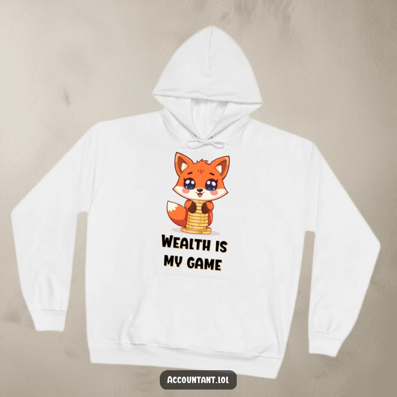 Funny giddy red fox stacking oversized coin stacks with wide, excited eyes, featured on a warm hoodie.
