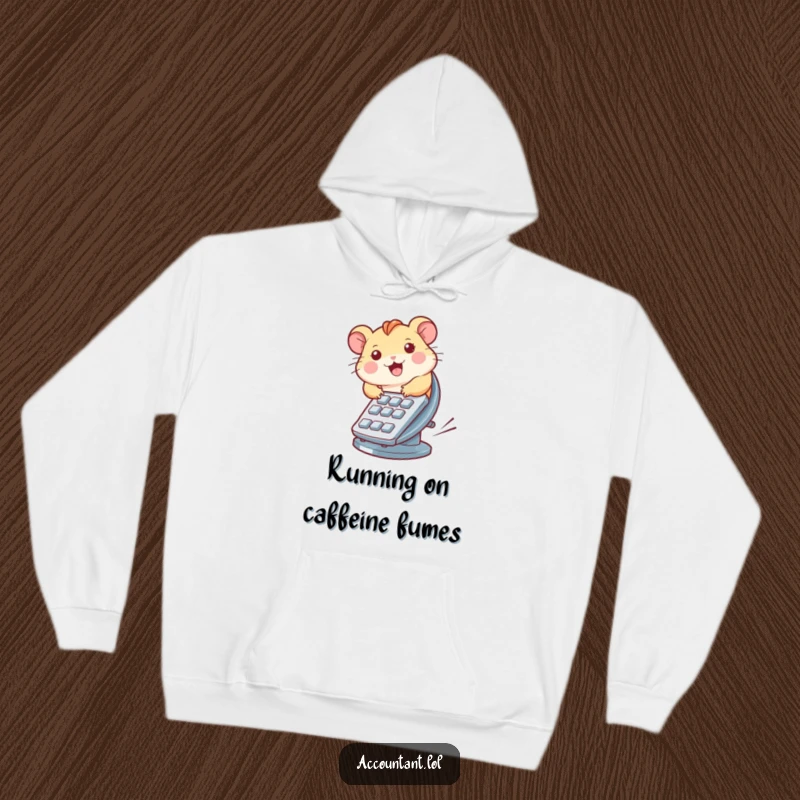 Funny hoodie depicting a determined hamster spinning on a calculator wheel, designed to bring a funny, warm vibe.