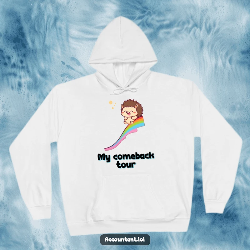 Funny hedgehog hoodie showing a happy hedgehog sliding down a rainbow chart, a symbol of hard-earned success.