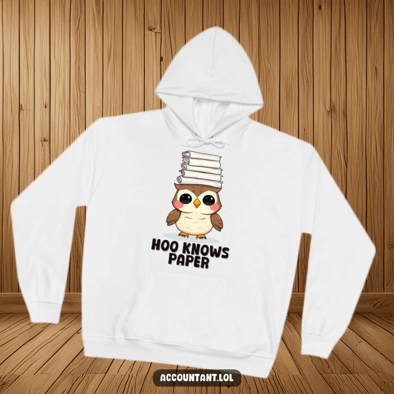 Funny hoodie depicting a giggling owl balancing an enormous stack of paper on its head, a humorous symbol of academic or office life.