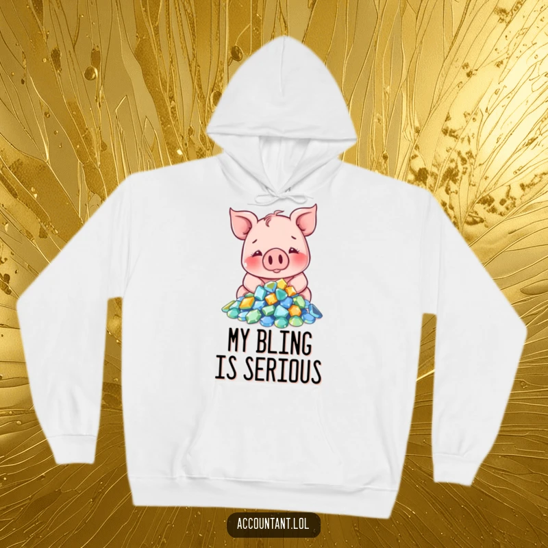 Funny Pig Hoodie: A smiling pig counts sparkling gems, offering cozy comfort and a luxurious vibe.