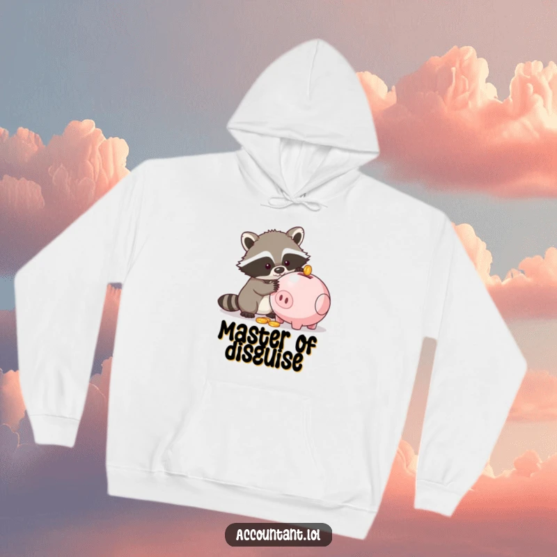 Funny hoodie featuring a raccoon reaching for coins in a piggy bank, offering warmth and a humorous sense of adventure.