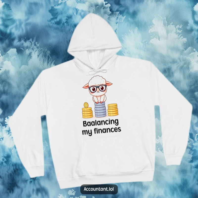Funny Sheep Accountant Hoodie, a fluffy sheep in glasses, balancing coin stacks, exuding financial smarts, excellent cozy funny gift.
