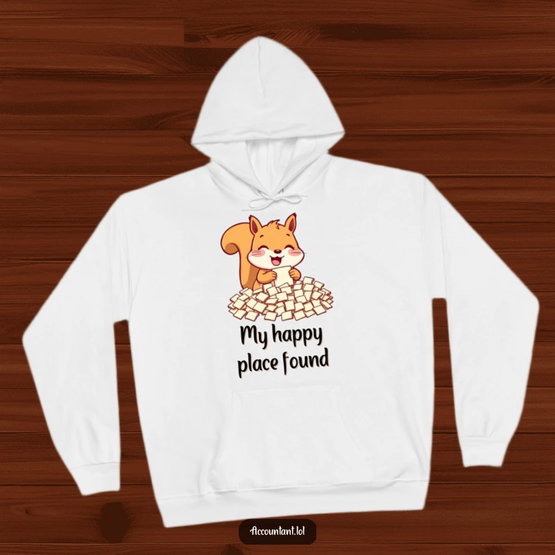 Funny squirrel hoodie, a cheerful squirrel sorting a huge pile of tiny paper slips, cozy and humorous.