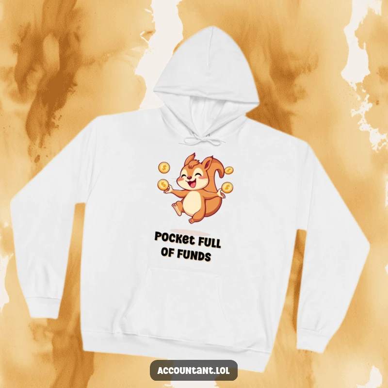Funny squirrel hoodie with a joyful squirrel juggling multiple coins, celebrating prosperity and cozy fun.