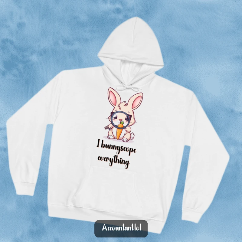 Funny Bunny Auditor Hoodie: A bunny auditor intently examines a tiny carrot with a magnifying glass, looking warm and focused.