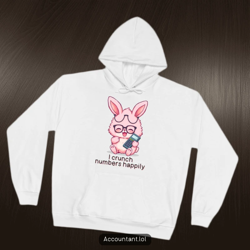 Funny pink fluffy bunny wearing glasses, giggling happily with calculator on a cozy hoodie, perfect for winter.