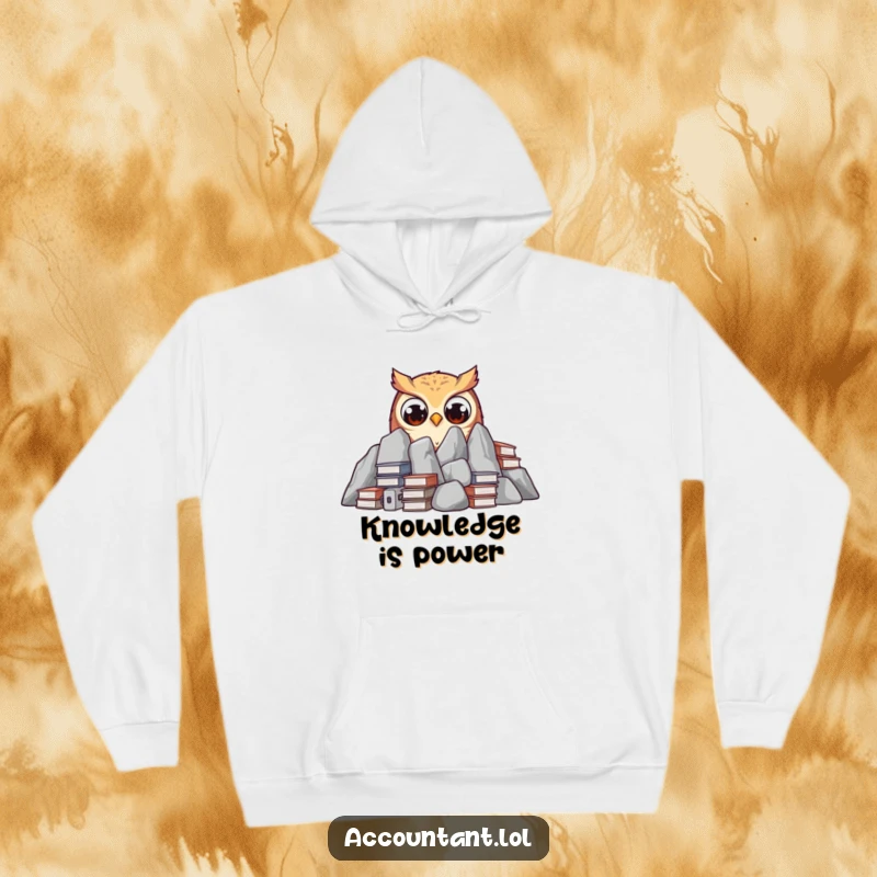 Funny curious owl peeking from behind ledgers with wide eyes, designed on a warm and funny hoodie.