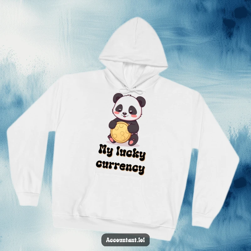 Funny panda hoodie with a playful panda bouncing a large coin, offering cozy fun and good fortune.
