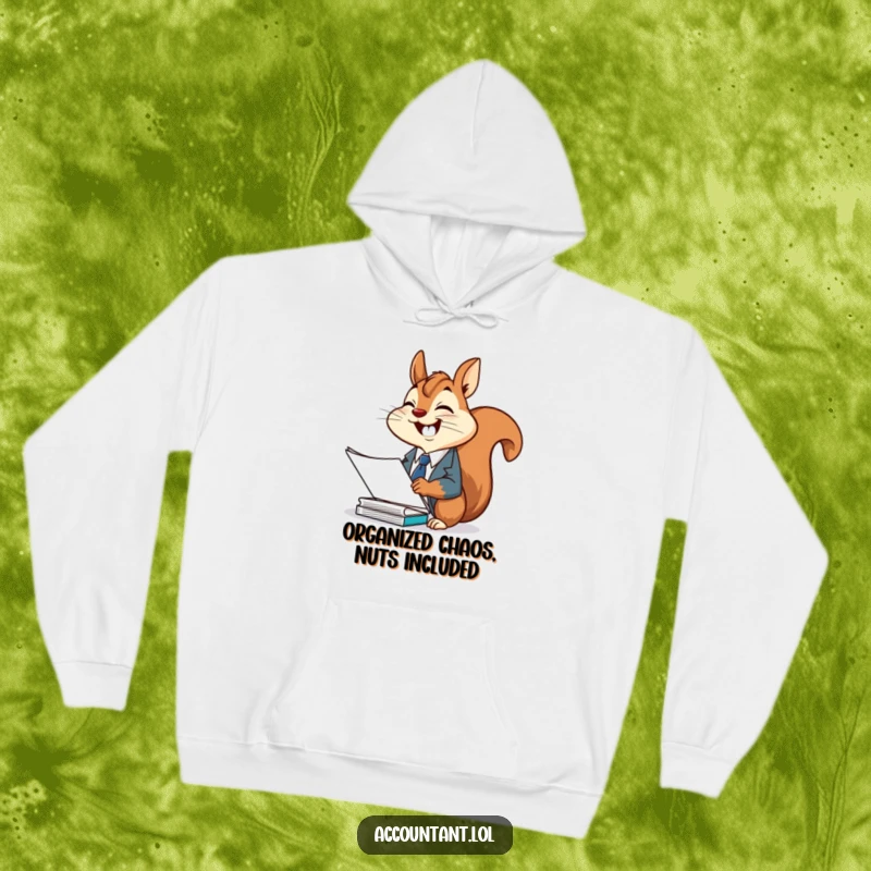 Funny squirrel office hoodie, a cheerful squirrel in a suit, giggling while filing papers with evident delight.
