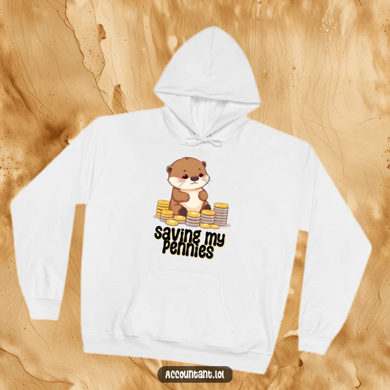 Funny hoodie featuring a diligent otter carefully arranging coins into neat piles, offering cozy comfort and humorous financial planning vibes.
