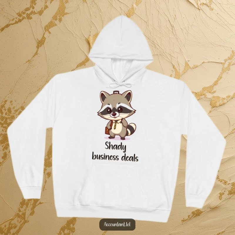 Funny hoodie showcasing a clever raccoon perfectly balancing a briefcase on its nose, exuding a sense of daring business.