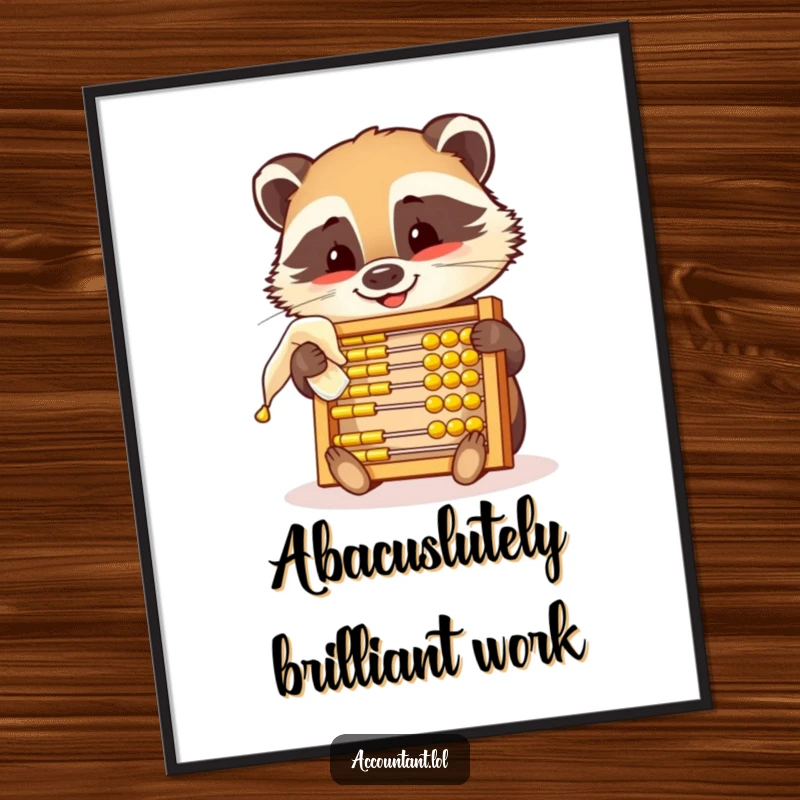 Funny Free Printable Wall Art: A smiling badger diligently polishes a golden abacus, adding calculated humor to your space.