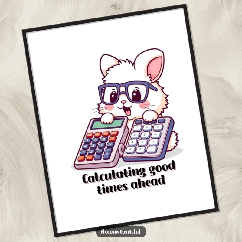 Funny Free Printable Wall Art: A fluffy bunny with tiny glasses happily stamping a giant calculator with glee.