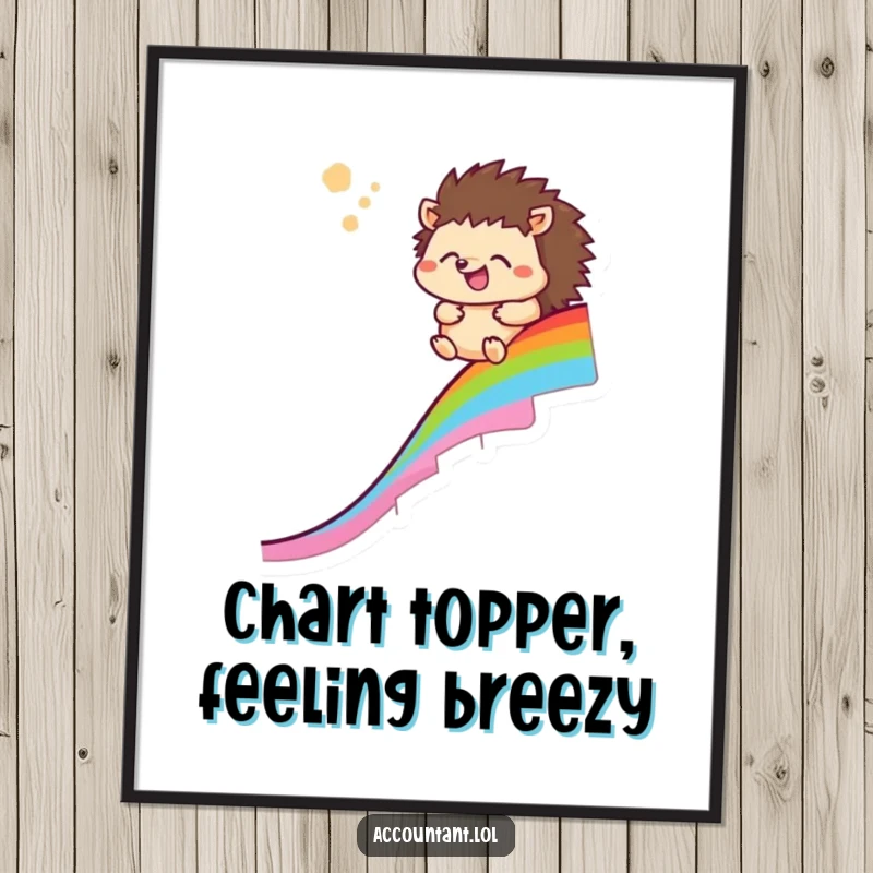 Funny free printable wall art: A happy hedgehog slides down a vibrant rainbow chart with a relieved sigh, whimsical downloadable decor.